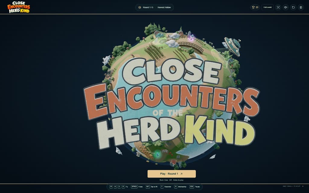 Close Encounters of the Herd Kind title screen on a tiny planet, with the mothership waiting for Round 1 Close Encounters of the Herd Kind title screen on a tiny planet, with the mothership waiting for Round 1