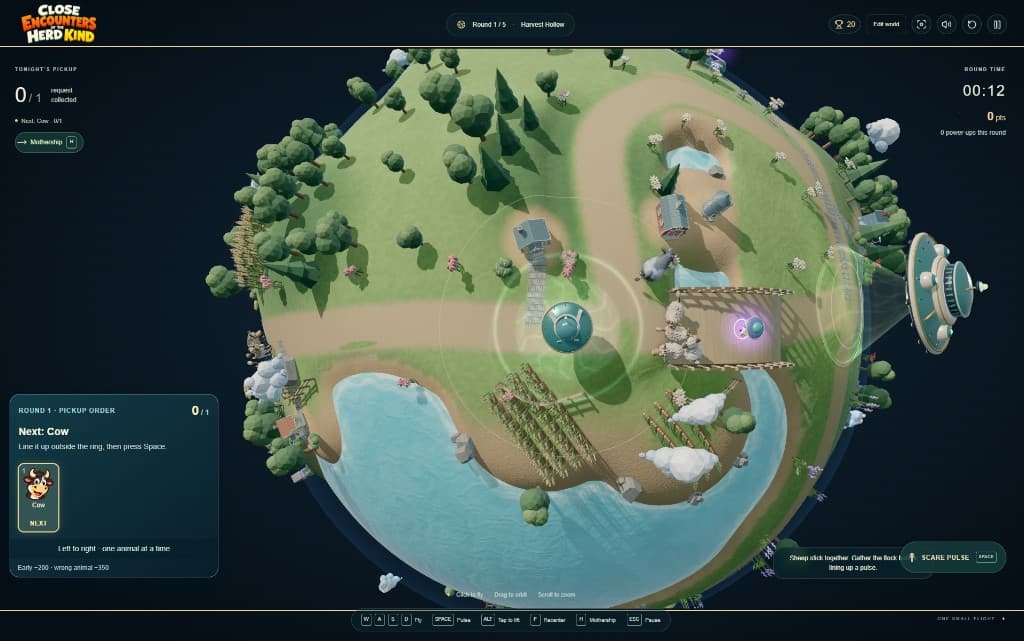 Gameplay on Harvest Hollow — a UFO lines up a cow pickup while sheep gather near a farm bridge Gameplay on Harvest Hollow — a UFO lines up a cow pickup while sheep gather near a farm bridge