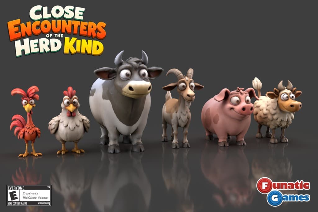 Character lineup for Close Encounters of the Herd Kind — rooster, hen, cow, goat, pig and sheep Character lineup for Close Encounters of the Herd Kind — rooster, hen, cow, goat, pig and sheep