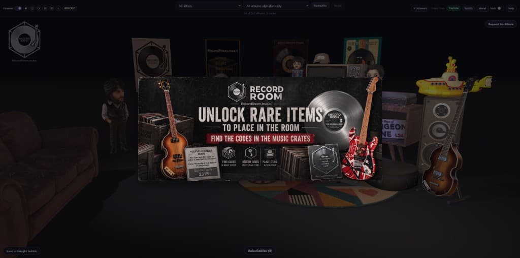 Unlock rare items from codes hidden in the music crates, then place them in the room Unlock rare items from codes hidden in the music crates, then place them in the room