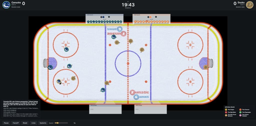 Live 2D rink simulation with benches, event feed, and systems controls Live 2D rink simulation with benches, event feed, and systems controls