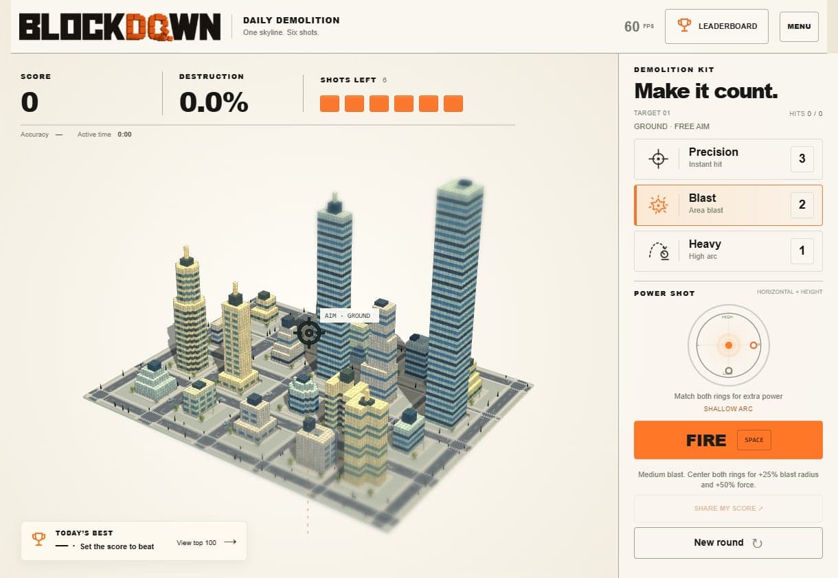 The BlockDown board, with the demolition kit, six shots, and the day’s skyline The BlockDown board, with the demolition kit, six shots, and the day’s skyline