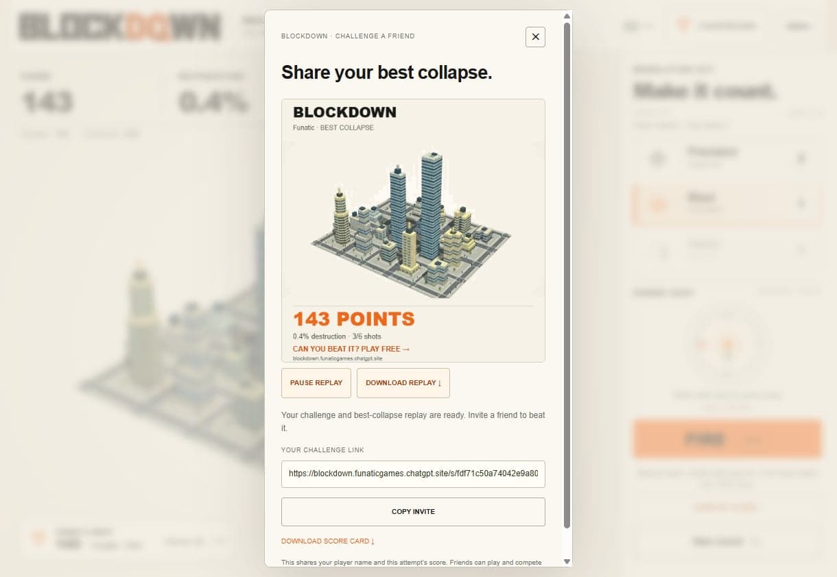 A BlockDown challenge card with the score, a replay of the skyline, and an invite link A BlockDown challenge card with the score, a replay of the skyline, and an invite link