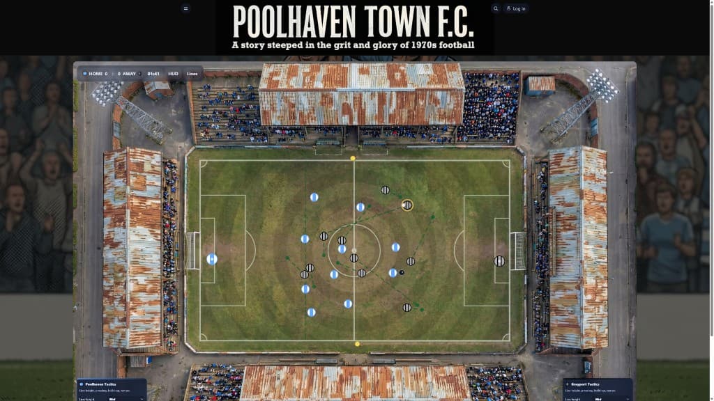 Top-down match simulation with tactics and terrace crowds at The Haven Ground Top-down match simulation with tactics and terrace crowds at The Haven Ground