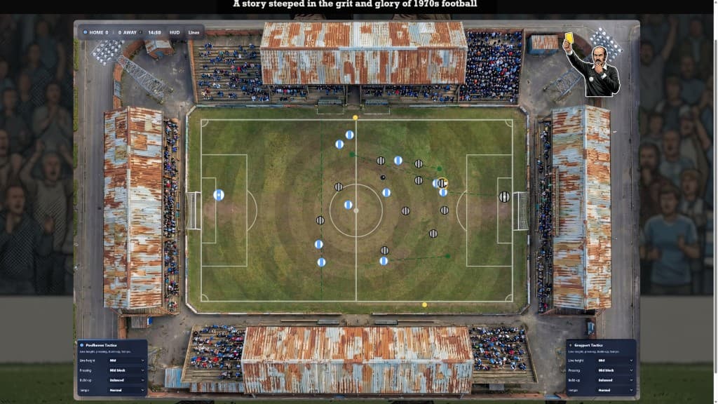 Match sim close-up — floodlights, worn pitch, and tactical lines Match sim close-up — floodlights, worn pitch, and tactical lines