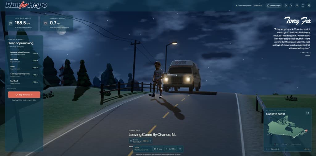Terry Fox running through a miniature Canadian landscape in Run For Hope, as night falls on the road. Terry Fox running through a miniature Canadian landscape in Run For Hope, as night falls on the road.
